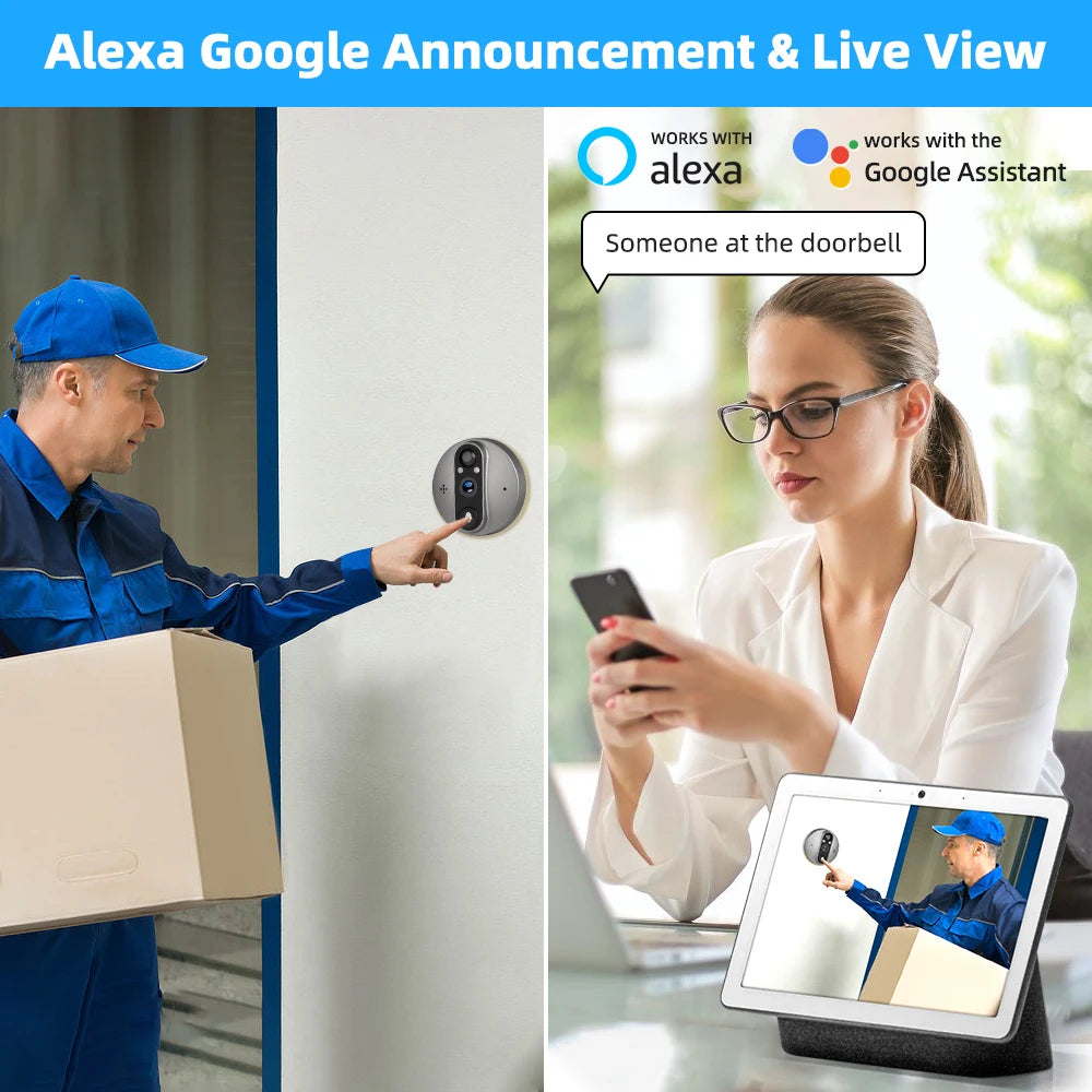 3MP Smart WiFi Door Viewer Camera – 1080P, PIR, IR, Alexa & Google
