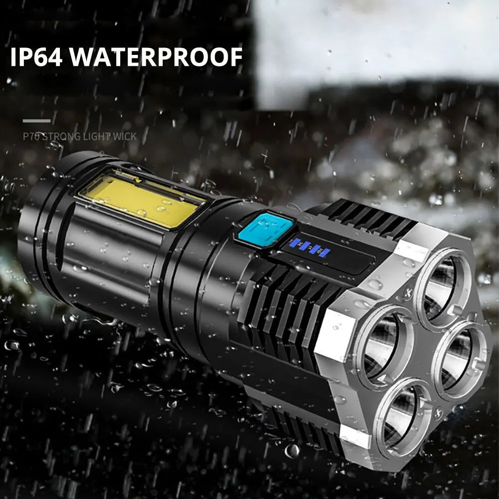 High Power LED Flashlight with COB Side Light - Rechargeable, 4 Modes