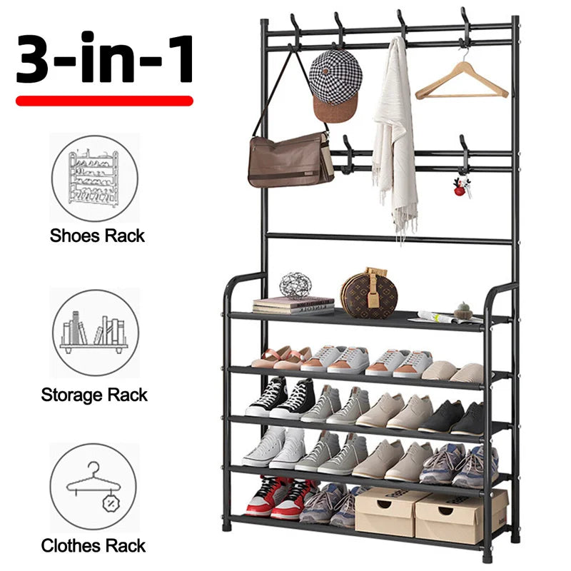 4/5-Tier Shoe Rack with Hangers – Heavy-Duty Floor Organizer for Shoes, Hats & Clothes | Space-Saving Entryway Shelf (60cm Wide, 5kg/Layer)