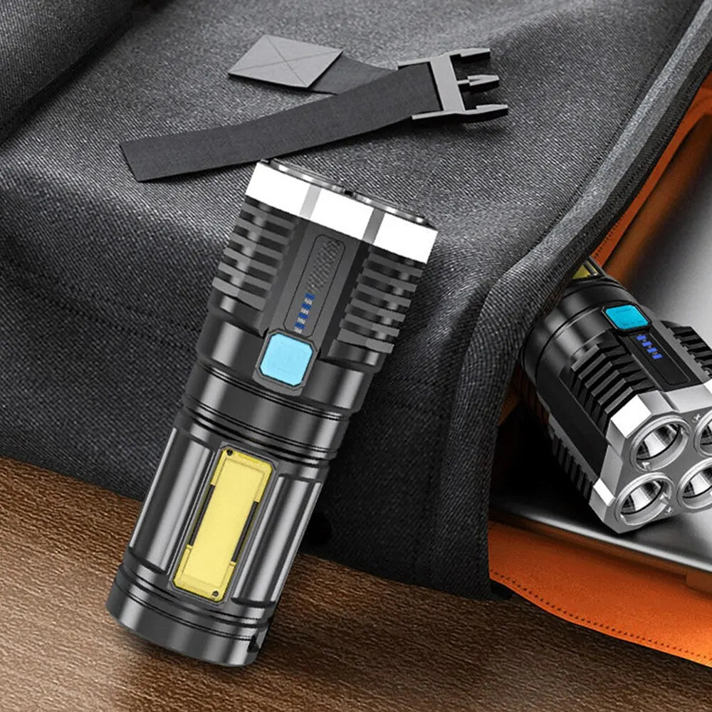 High Power LED Flashlight with COB Side Light - Rechargeable, 4 Modes