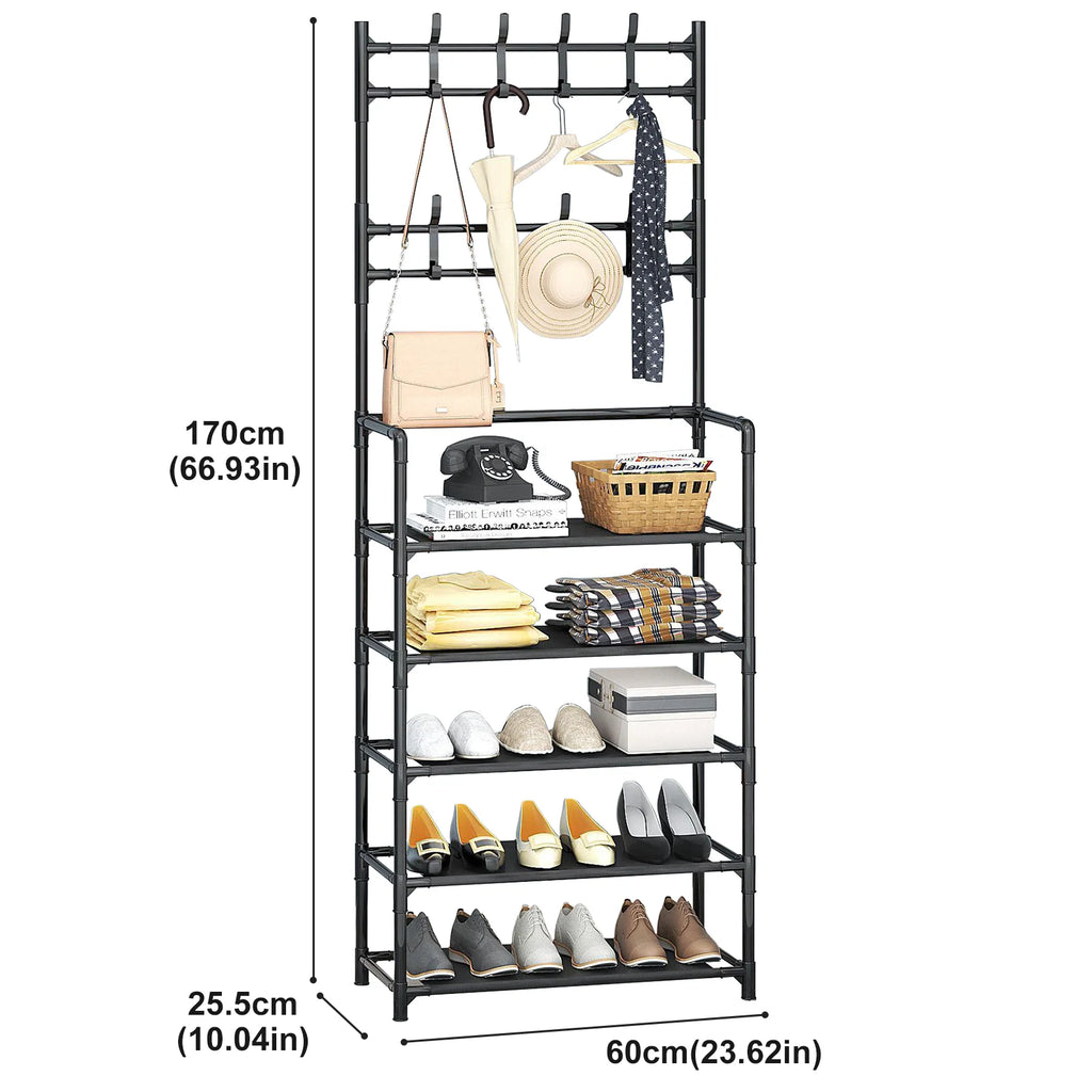 4/5-Tier Shoe Rack with Hangers – Heavy-Duty Floor Organizer for Shoes, Hats & Clothes | Space-Saving Entryway Shelf (60cm Wide, 5kg/Layer)
