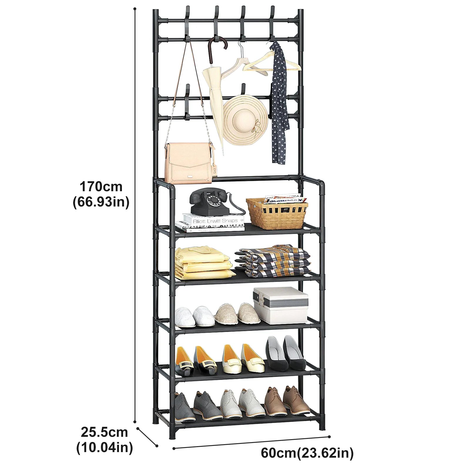 4/5-Tier Shoe Rack with Hangers – Heavy-Duty Floor Organizer for Shoes, Hats & Clothes | Space-Saving Entryway Shelf (60cm Wide, 5kg/Layer)