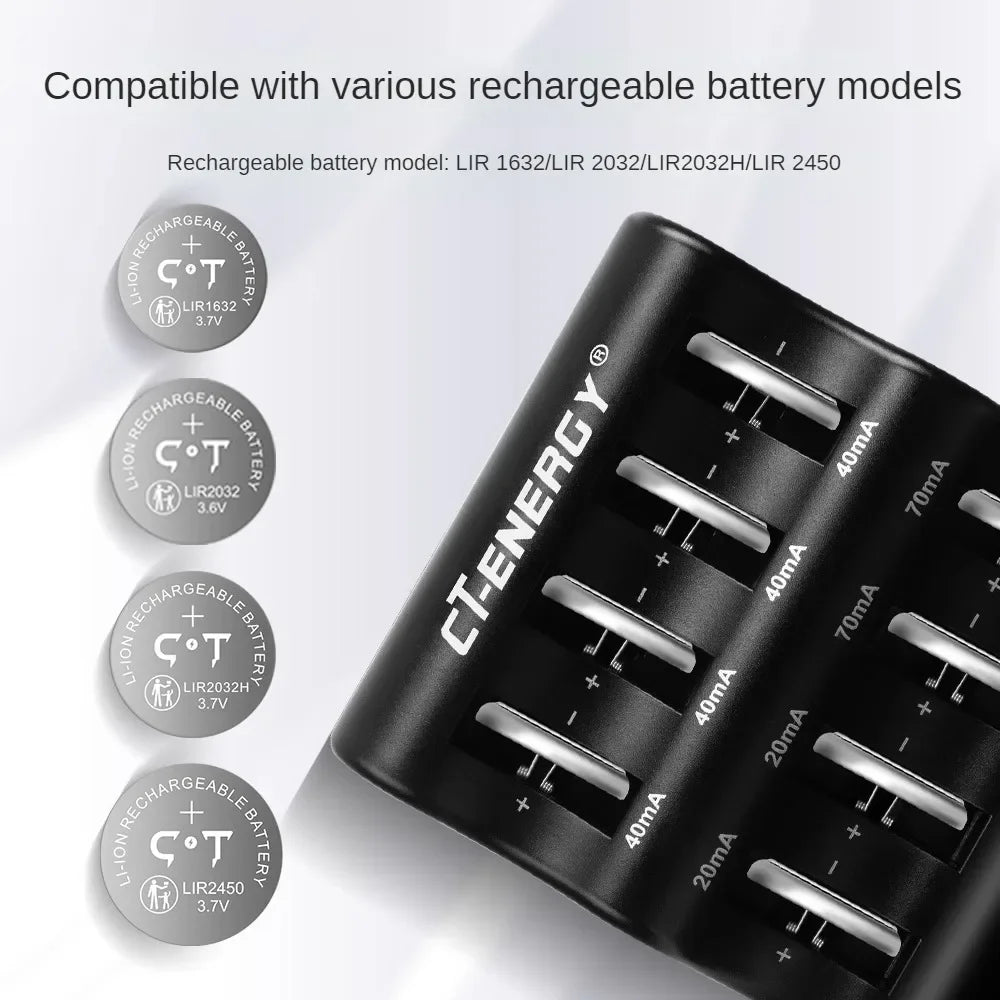 Încărcător inteligent pentru baterii monedă cu litiu cu 8 sloturi - Încărcător USB portabil pentru CR1220, CR2032, CR2450 și altele