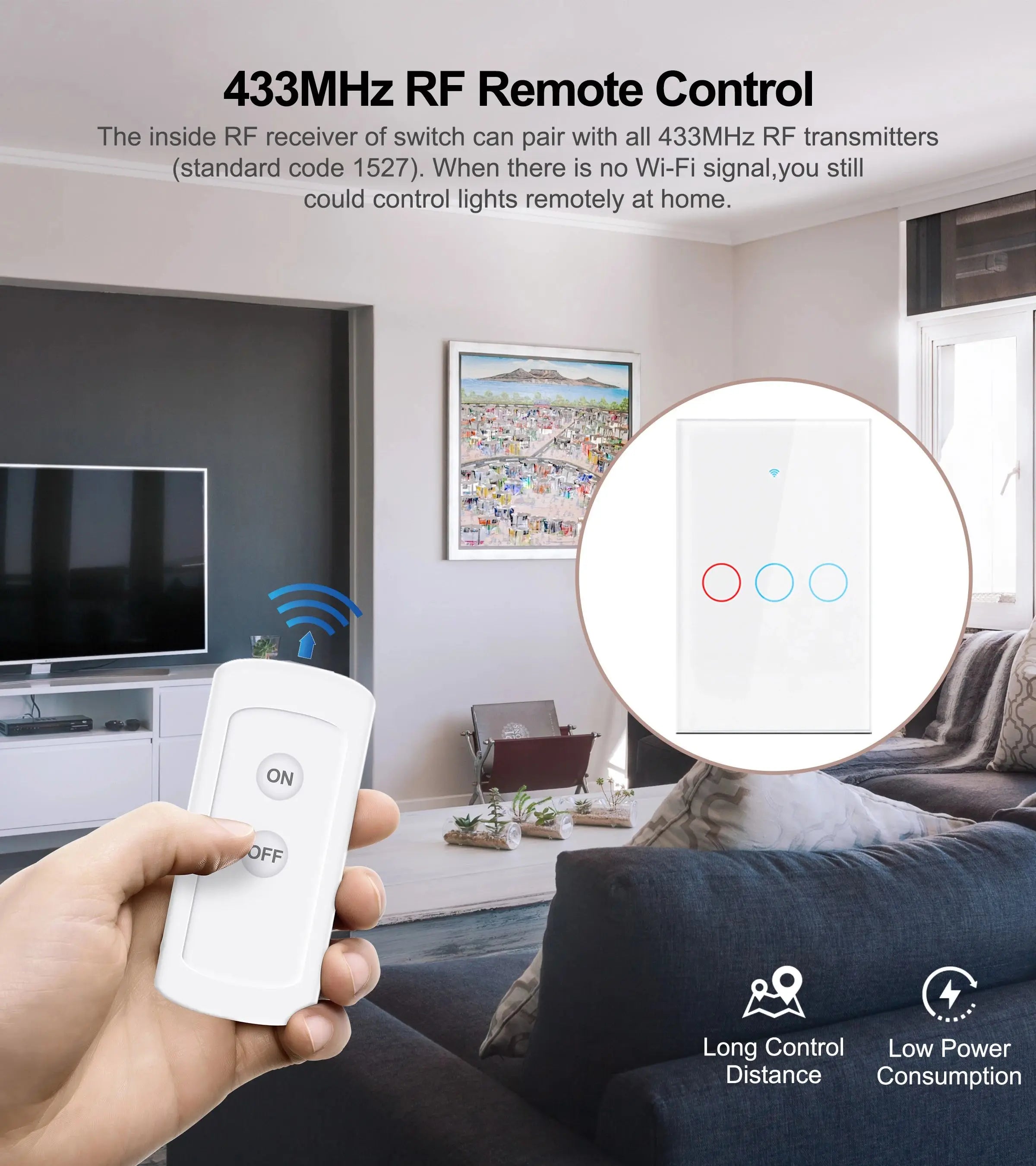 Tuya US/EU WiFi Smart Wall Switch RF433 1/2/3 Gang No Neutral Wire Touch Sensor LED Light Switch for Smart Home, Alexa & Google Home Compatible