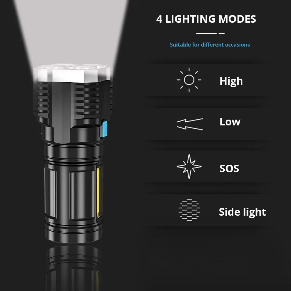 High Power LED Flashlight with COB Side Light - Rechargeable, 4 Modes