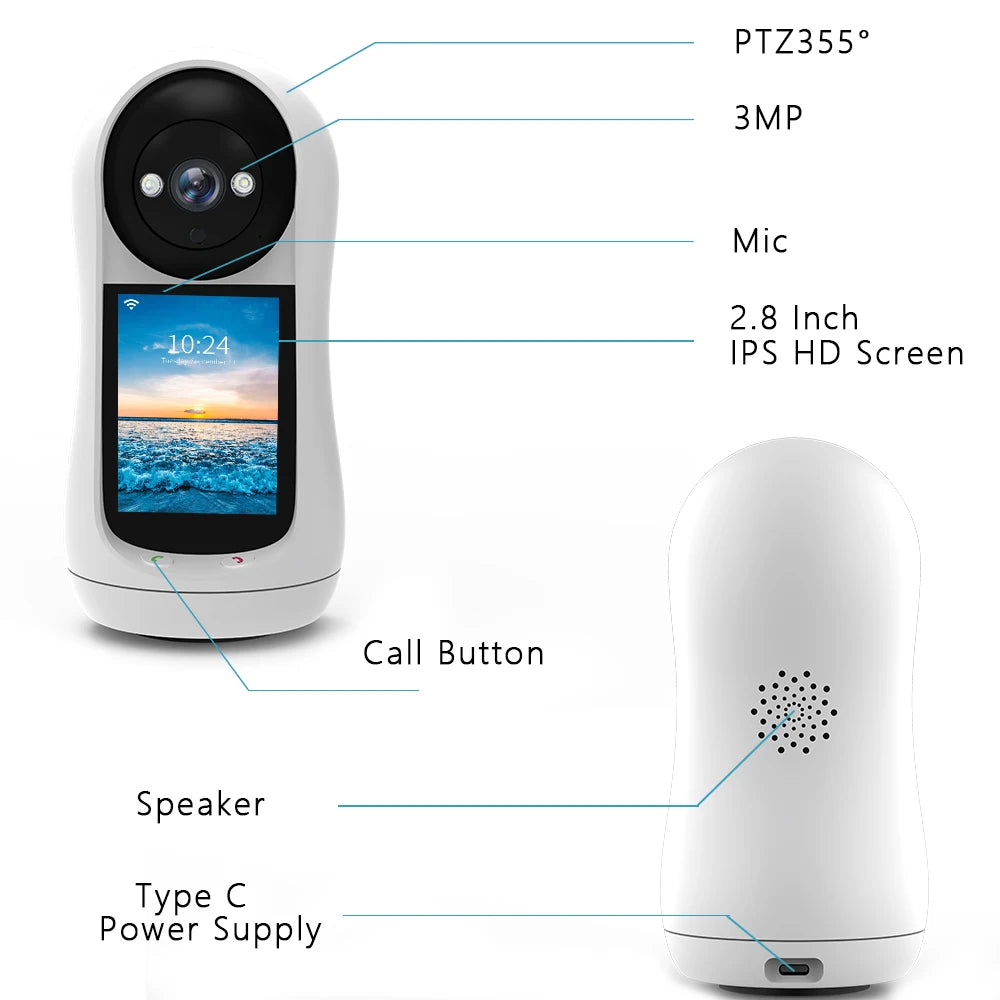3MP PTZ Wi-Fi Baby Monitor with 2.8" Screen, Cry Detection & Video Call