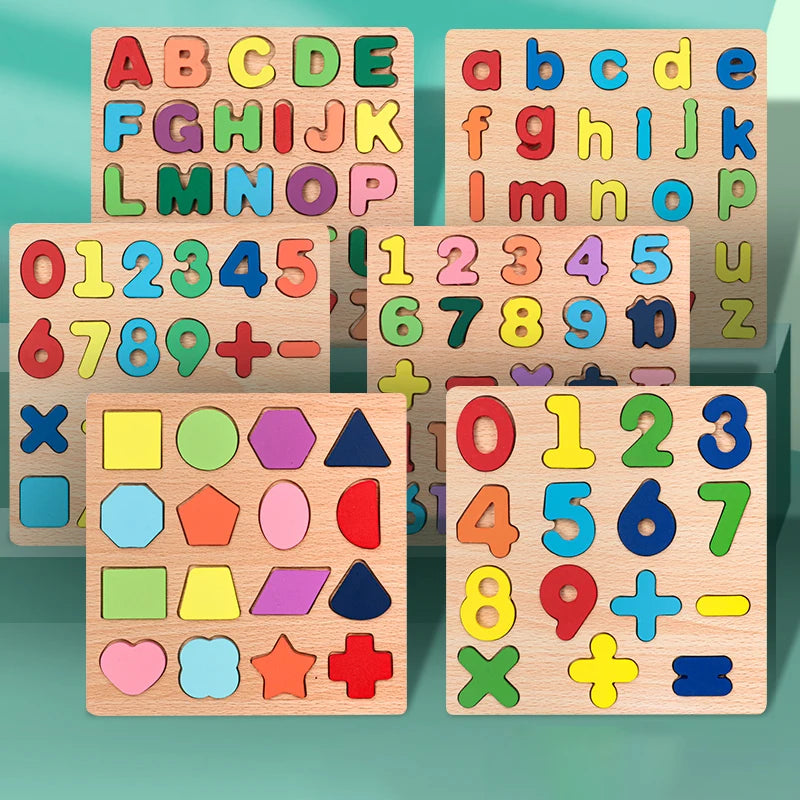 Puzzle Montessori din Lemn - Număr Aritmetic Alfabetic & Forme Geometrice | Jucărie Educativă pentru Copii Preșcolari