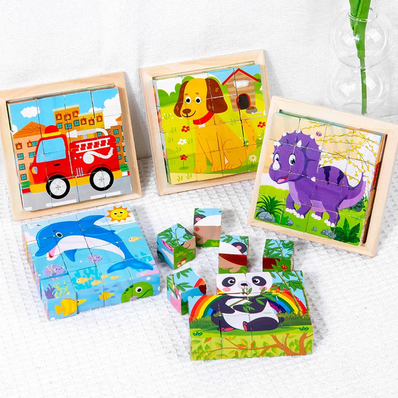 Puzzle 3D Cub cu 6 Fețe - Jucărie Educativă din Lemn pentru Copii | Joc de Depozitare Distractiv cu Tematică de Animale & Junglă