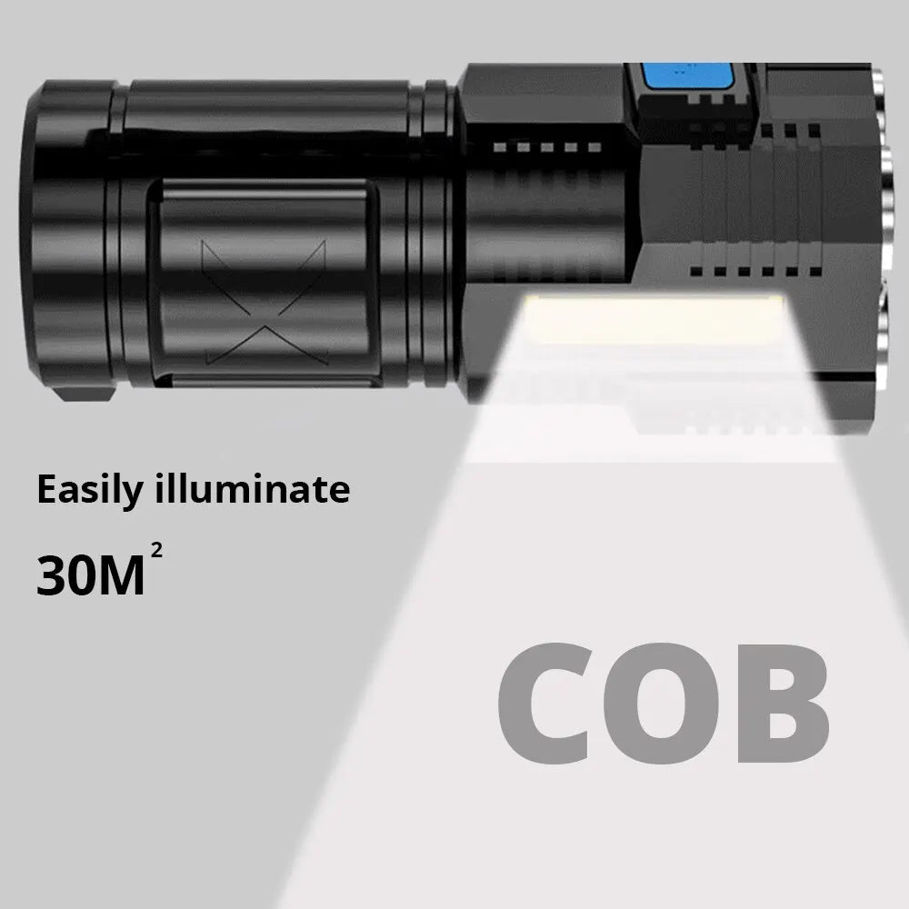 High Power LED Flashlight with COB Side Light - Rechargeable, 4 Modes