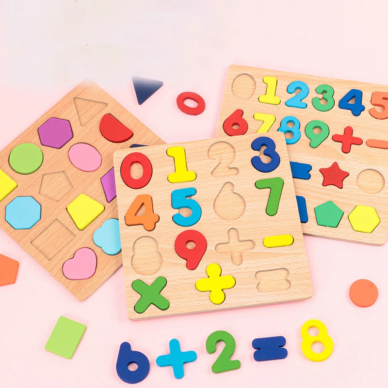 Puzzle Montessori din Lemn - Număr Aritmetic Alfabetic & Forme Geometrice | Jucărie Educativă pentru Copii Preșcolari