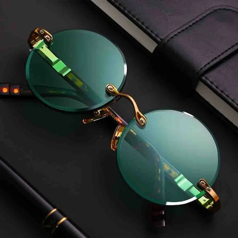 Ochelari de soare unisex clasici fără rame – ochelari retro rotunzi cu cristal verde închis