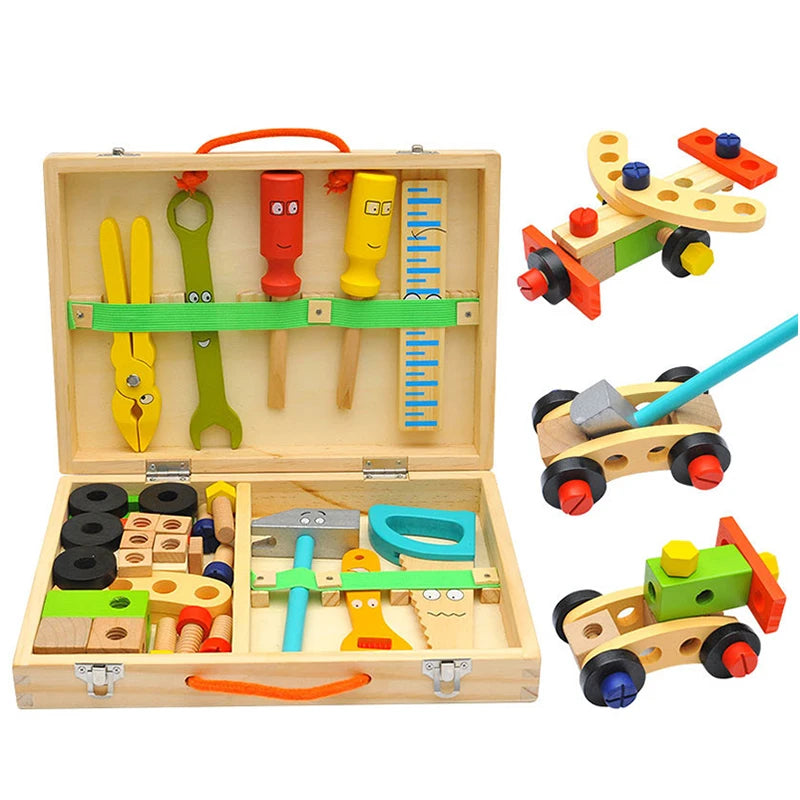Set de joacă Montessori Kids Toolbox - Jucărie educațională de instrumente de dulgher din lemn și plastic pentru copii, joc de simulare de asamblare DIY
