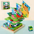Six-Sided 3D Cube Puzzle Tray - Wooden Educational Toy for Kids, Fun Storage Game with Animal & Jungle Themes