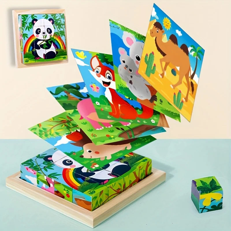 Puzzle 3D Cub cu 6 Fețe - Jucărie Educativă din Lemn pentru Copii | Joc de Depozitare Distractiv cu Tematică de Animale & Junglă