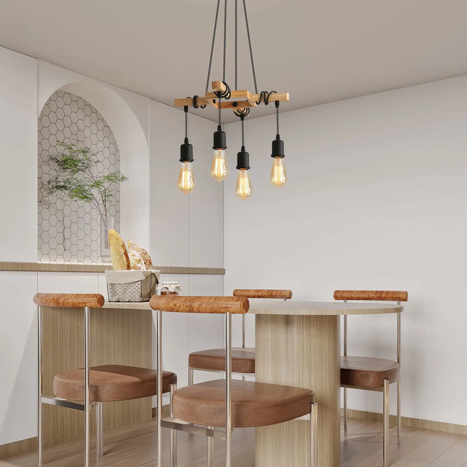 Industrial Vintage Pendant Light E27, Wire-Wound Wooden Chandelier