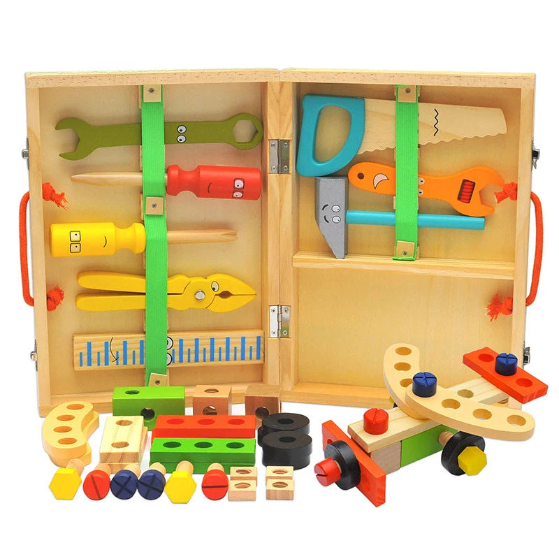Set de joacă Montessori Kids Toolbox - Jucărie educațională de instrumente de dulgher din lemn și plastic pentru copii, joc de simulare de asamblare DIY