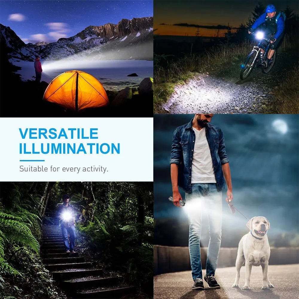 Lanterna LED, încărcabilă prin USB, cu zoom și 3 moduri de iluminare.