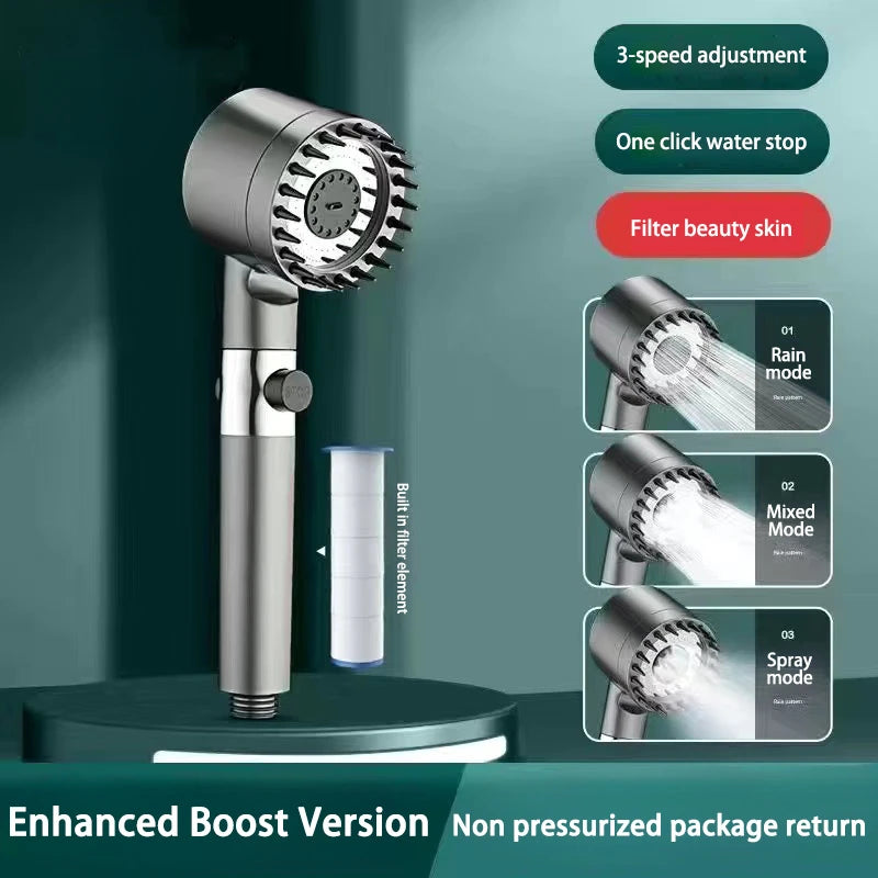 High-Pressure Filter Shower Head - 3-Mode Adjustable Spray with Massage Brush, Water-Saving Rain Faucet Design, Gold-Plated Finish