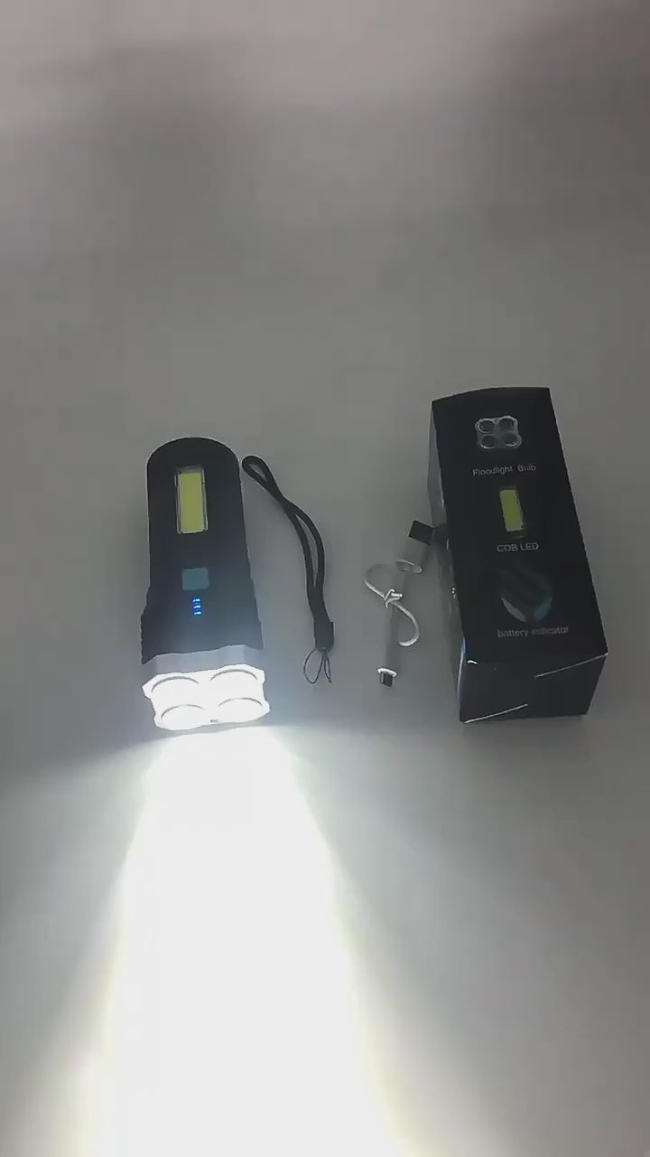 High Power LED Flashlight with COB Side Light - Rechargeable, 4 Modes